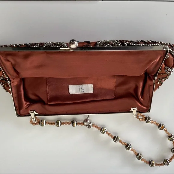 Apt. 9 Beaded Satin Kiss Lock Mini Handbaf Clutch Paisley Brown-Silver Dressy - Picture 2 of 2